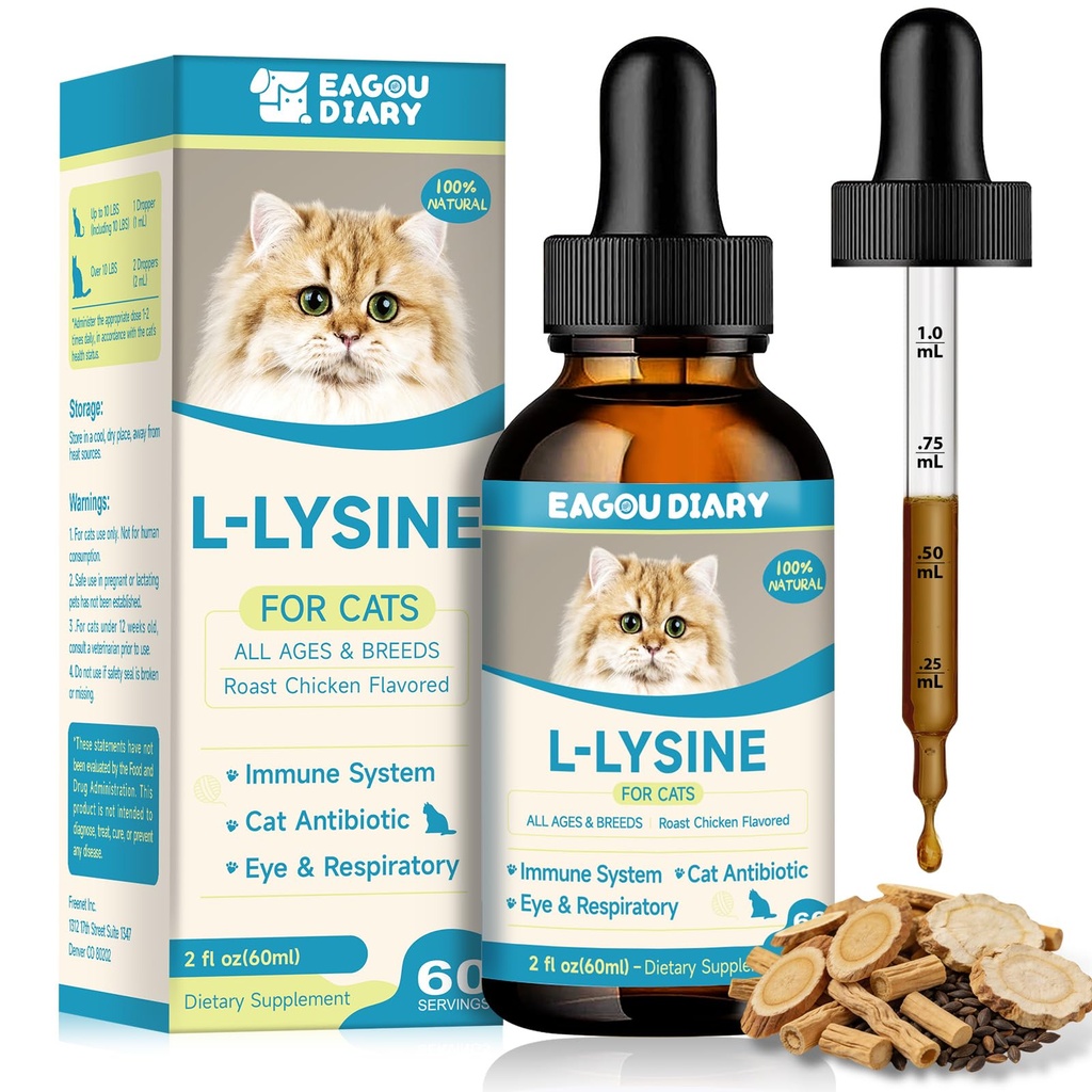 L Lysine for Cats Lysine, Cat Sneezing Cold Allergy Relief Immune 60ML | Runny Nose, Colostrum, Vitamin Taurine, Cat L-Lysine for Cat Drops Immune Support, Respiratory, Natural Antibiotics for Cats