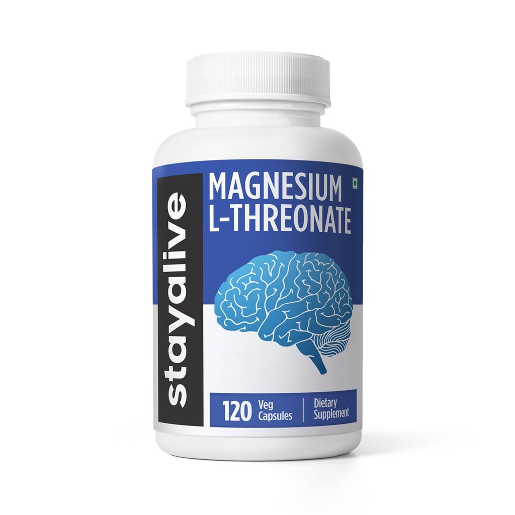 STAY ALIVE Pure Magnesium L-Threonate Supplement, High Absorption, 120 Chelated Capsules with Elemental Magnesium Powder, Non-GMO & Gluten Free L-Threonate Complex Supports Brain Health and Cognitive Function for Women and Men
