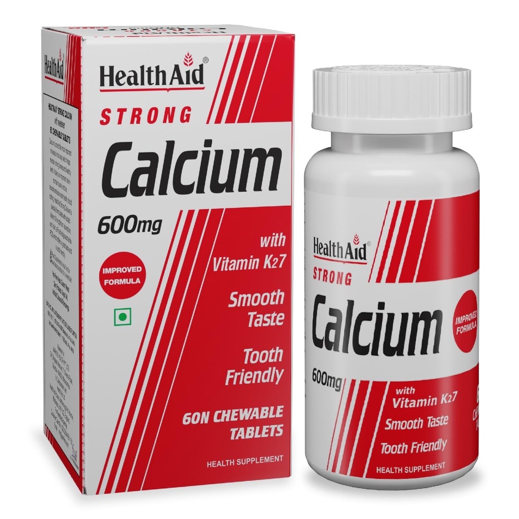 HealthAid Strong Calcium 600 mg with Vitamin D3 & Vitamin K2-7 | Chewable Calcium Supplement for Men & Women | Supports Strong Bones, Teeth, Joints & Muscles | 60 Tablets