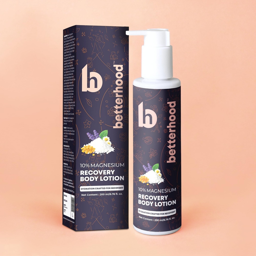 betterhood 10% Magnesium Recovery Body Lotion | Restful Sleep, Muscle Recovery & Relaxation | Chamomile & Shea Butter Blend with Ginger Roots, Boswelia, Menthol for Wholesome Healing | 225 ml
