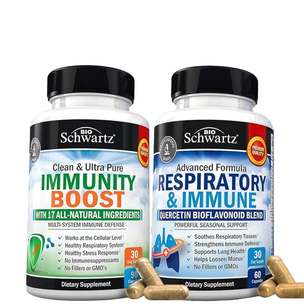 BioSchwartz Respiratory & Immuun Long Support Supplement met Quercetine (1 maand supply) Plus 17 in 1 Immuun Support Supplement met Antioxidanten (1 maand supply)