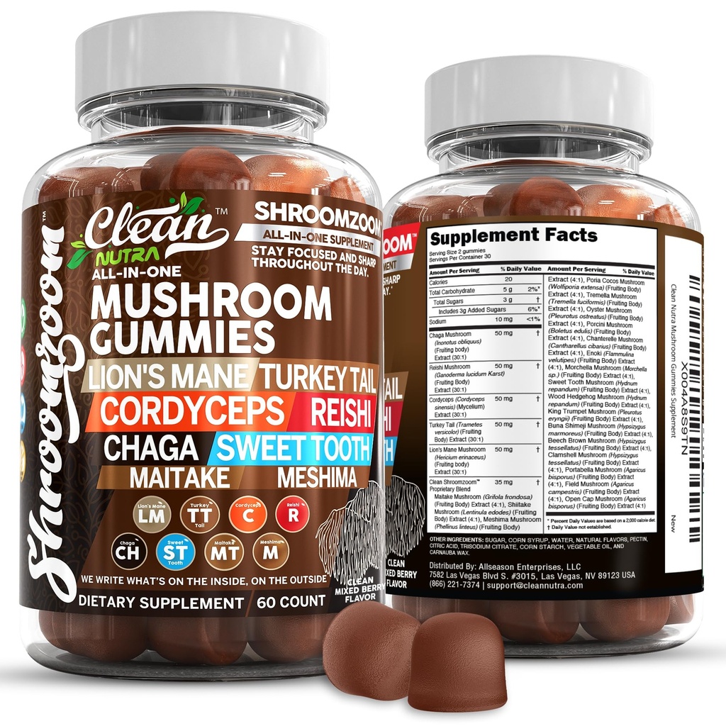 15in1 Gummes de Champignons avec Lion's Mane Turkey Tail Cordyceps Reishi Chaga Sweet Toot Maitake Meshima Poria Cocos Shiitake Tremella, Oyster Agaricus Champignons pour hommes et femmes Supplément Nutra propre