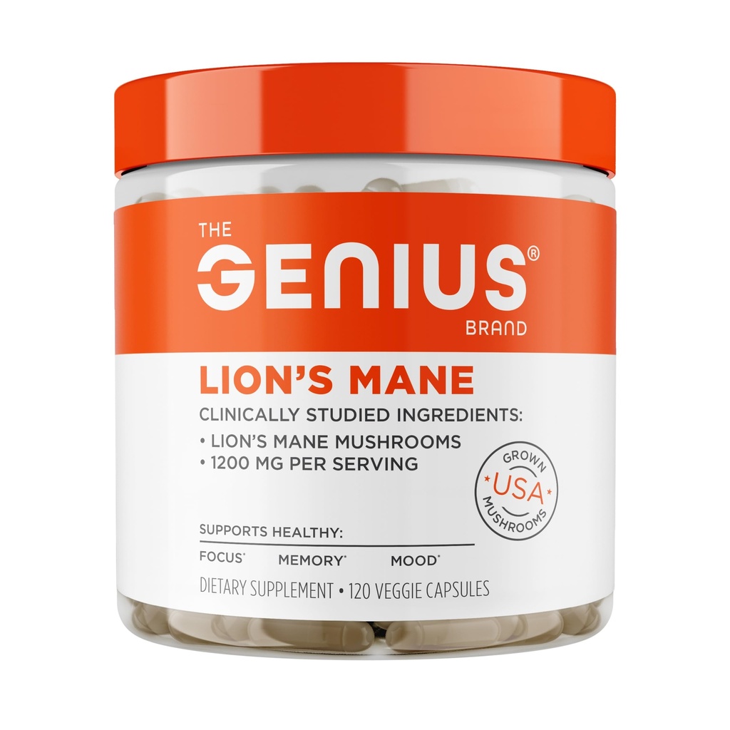The Genius Brand Genius Lion's Mane - Supplément à base de plantes pour la mémoire, le focus et le soutien de l'humeur - Organic & Non-OGM - 120 Capsules Veggie