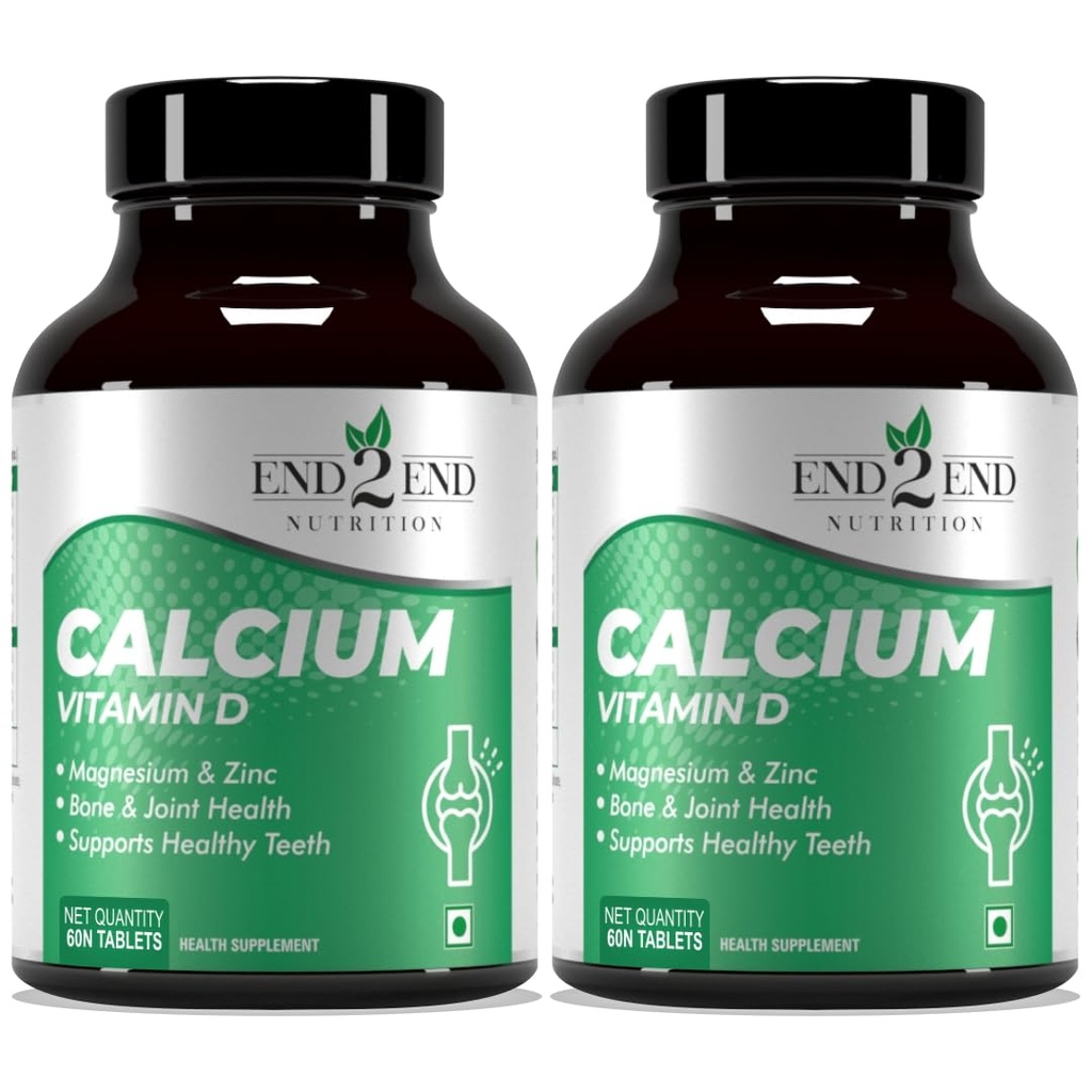 End2End Nutrition Calcium Tablets for Men and Women with Magnesium Zinc Vitamin D for complete bone health & Joint Support - 60x2 Tablets
