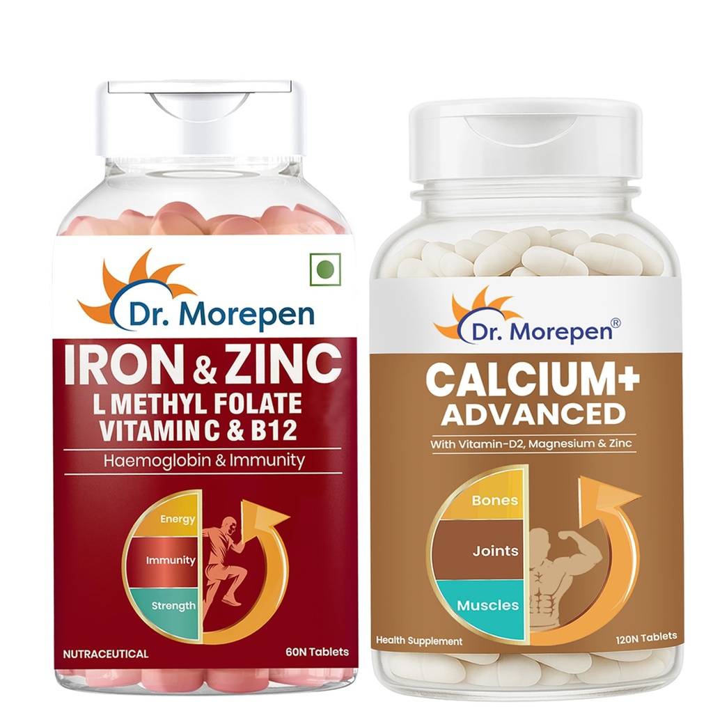 Dr. Morepen Iron & Zinc Tablets with Vitamin C & B12 + Calcium+ Advanced with Vitamin D2, Magnesium & Zinc | Bone, Muscle & Daily Nutrition Wellness Combo for Men & Women