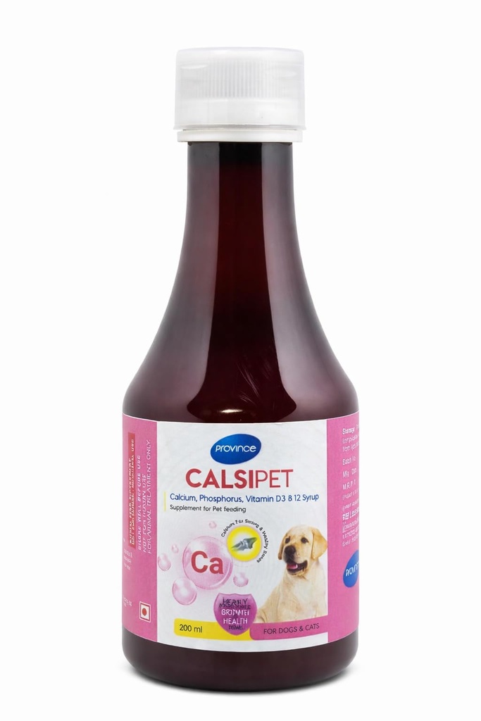 Wag and meaw Calsipet Calcium Phosphorus Vitamin D3 B12 Syrup for Dogs and Cats, 200 ml, Bone Strength Growth Immunity Support