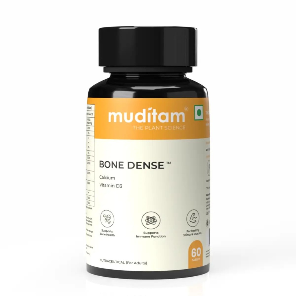 Muditam Ayurveda Bone Dense Calcium & Bone Support Supplement with Vitamin D3, K2 & Magnesium | Supports Bone Density & Strength | Vegetarian Tablets | 60 Tablets (1 Bottle)