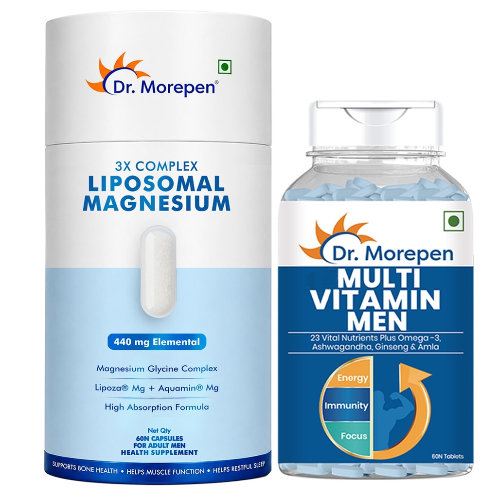 Dr. Morepen Liposomal Magnesium Complex 440mg with Vitamin D2, K2-7, B6 & B12 + Multivitamin for Men with Zinc, Vitamin C, D3, Biotin & Minerals | Sleep, Muscle Recovery, Energy & Daily Wellness Combo