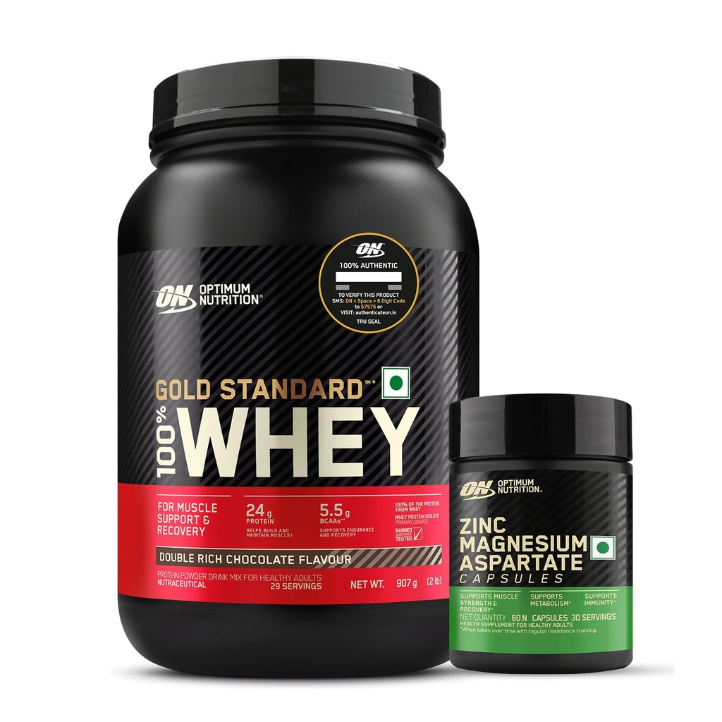 Optimum Nutrition (ON) Zinc Magnesium Aspartate (ZMA) - 60 Capsules and On Gold Standard 100% Whey -2 lbs (Double Rich Chocolate)