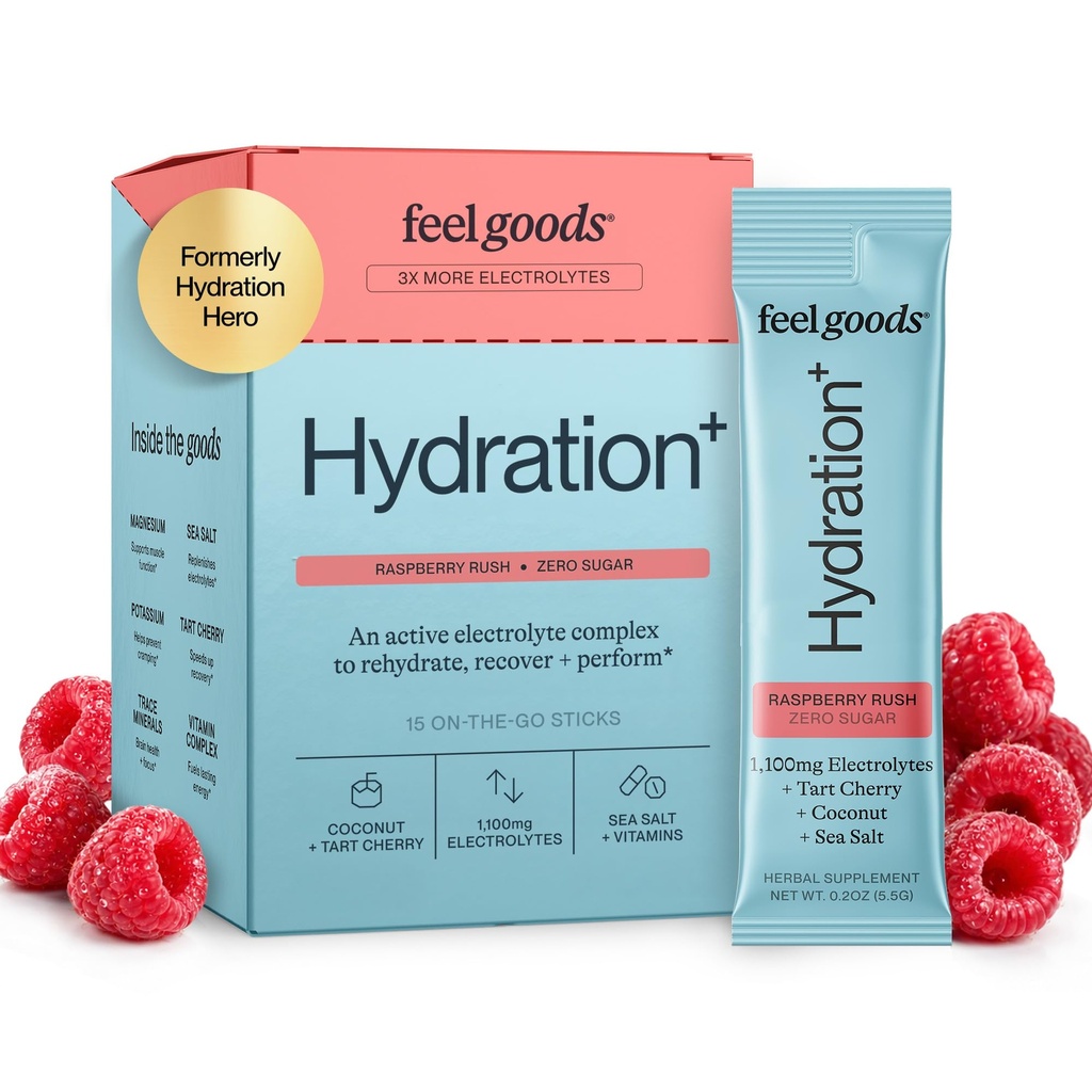 Feel Goods Hydration Hero, 1000mg Electrolytes Powder, Sugar Free, Magnesium, Organic Aloë Vera, L Theanine, Vitamine C & B12, Keto, Vegan, Electrolyte Packets, Blue Raspberry, 15 Tellen