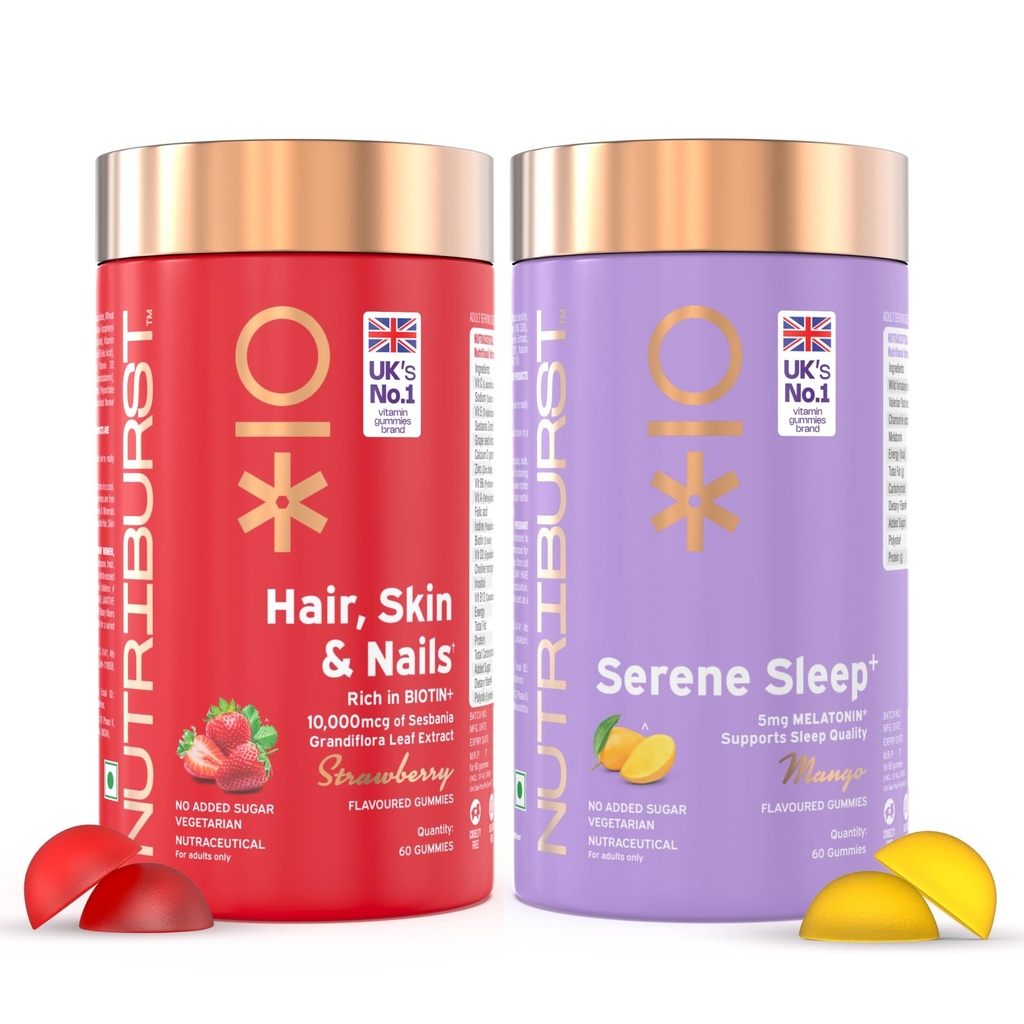 Nutriburst Beauty Sleep Combo: Hair, Skin & Nails Biotin Gummies + Serene Sleep Melatonin Gummies for Radiant Skin, Stronger Hair, and Restful Sleep | Beauty, Relaxation & Wellness | No Added Sugar (Pack of 2X60)