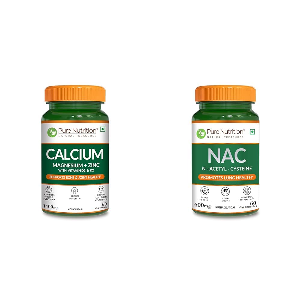 Pure Nutrition Calcium Citrate 60 Tablets with Magnesium, Zinc, Vitamin D3 & K2 (600 IU) – Support | Pure Nutrition NAC (N-Acetyl L-Cysteine) 600mg - 60 Veg Capsules | Powerful Antioxidant Support fo