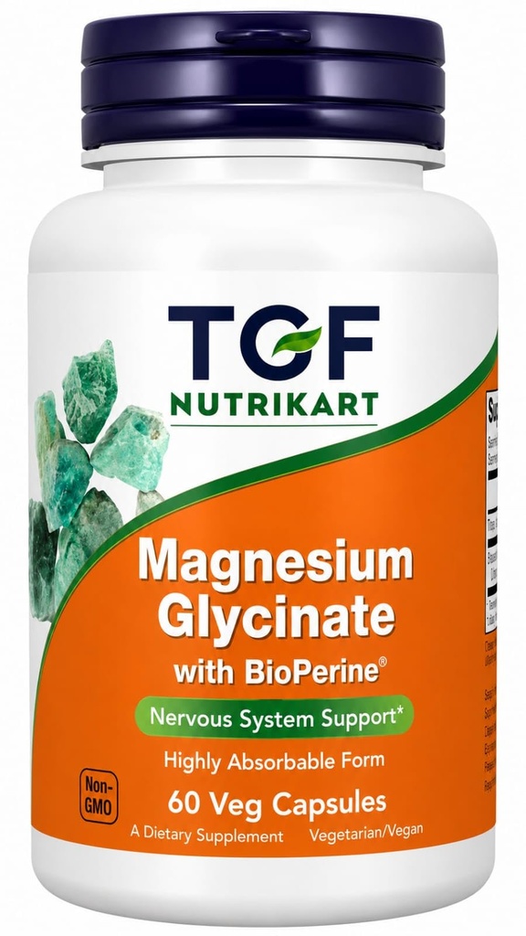 Magnesium Glycinate with BioPerine® | 60 Veg Capsules | Highly Bioavailable Magnesium Supplement | Supports Muscle Function, Nervous System & Energy Metabolism | Vegetarian Capsules