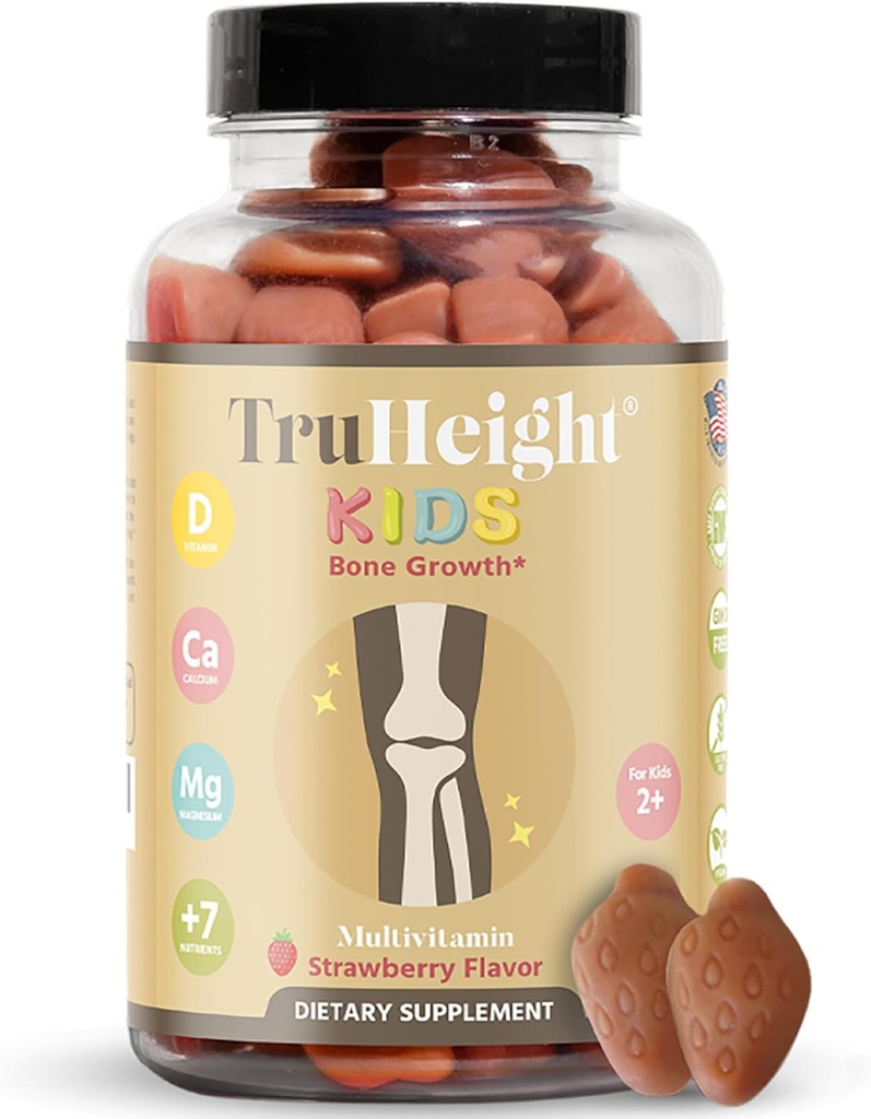TruHeight Kids Bone Growth Gummies (Strawberry, Ages 2+) Alle natuurlijke kinderen & peuter vitamines - Vitamine D, Calcium, K, Magnesium Multivitamine, Groei & Ontwikkeling, Builds Strong Bones, D3 K2, Vegan