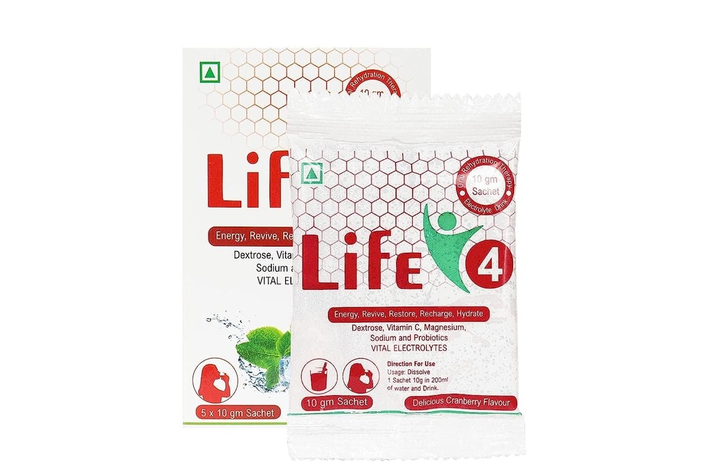 Life 4 Sachet Dexteode | Vitamin C | Magnesium | Sodium and Probiotics Vital Electrolytes Sachets Cranberry Flavor (10 Gram Each Sachet) (20)