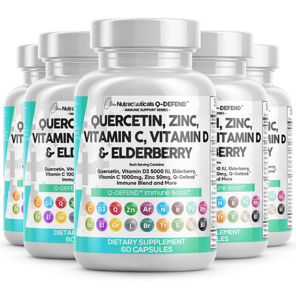 Nutraceutiques propres Quercetin Zinc Vitamine C Vitamine D Bromelain Elderberry - Supplément de soutien immunitaire pulmonaire Adultes atteints d'artémisinine, de mousse de mer, d'échinacée, de soulagement de l'allergie (60 Nombre (paquet de 5)