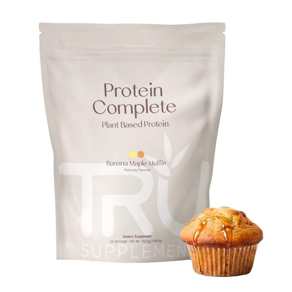 Suppléments TRU Poudre à base de protéines végétales, BCAA, EAA, 20g Riz brun végétalien et protéines de pois, 100 calories, 27 vitamines, pas d'arôme artificiel 25 portions (Muffin d'érable de banane)