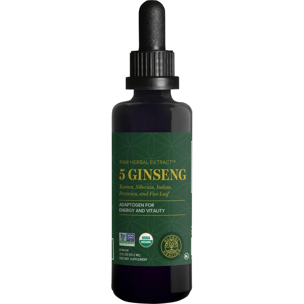 Global Healing Center - Ginseng - Organic Raw Herbal Extract - Liquid Panax Supplement Drop bevordert energie - Koreaanse en Siberische Ginseng Supplement, Maca, Ashwagandha - Non-GMO - 2 Fl Oz