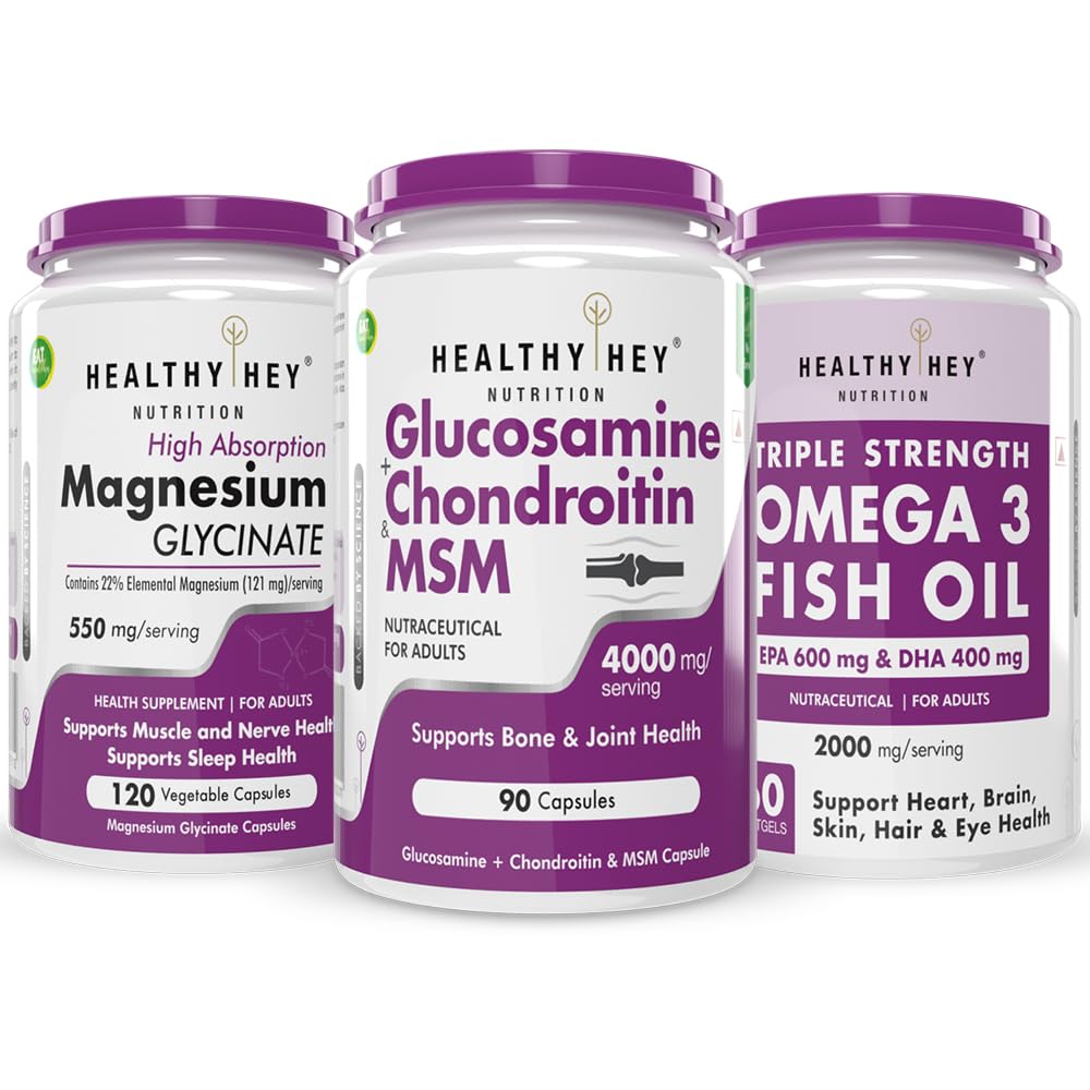 HealthyHey Nutrition Magnesium Glycinate 120 capsules & Fish oil 60 softgel & Glucosamine Chondroitin and MSM 90 Capsules