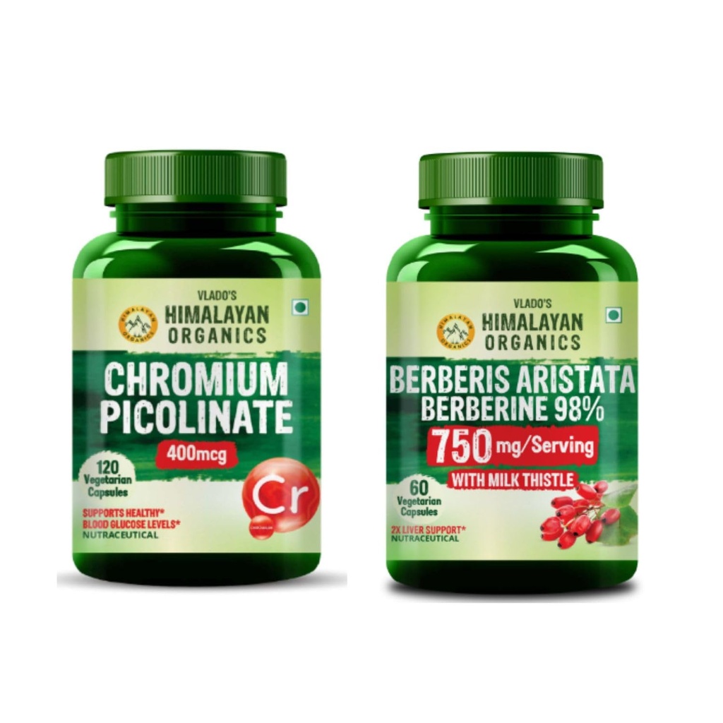 Vlado's Himalayan Organics Chromium Picolinate 400mcg + Berberine 98% with Milk Thistle | Metabolism, Antioxidant & Daily Wellness Support | Veg Supplement Combo