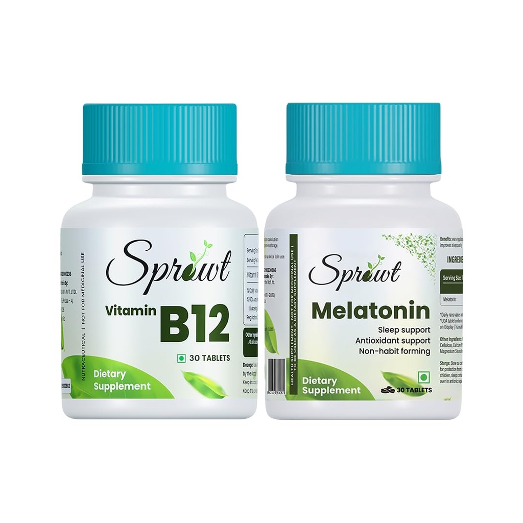 Sprowt Sleep & Nerve Health Combo – Non-Habit Forming Melatonin 10mg Tablets (30 Veg) + Plant-Based Vitamin B12 Methylcobalamin Supplements (30s)