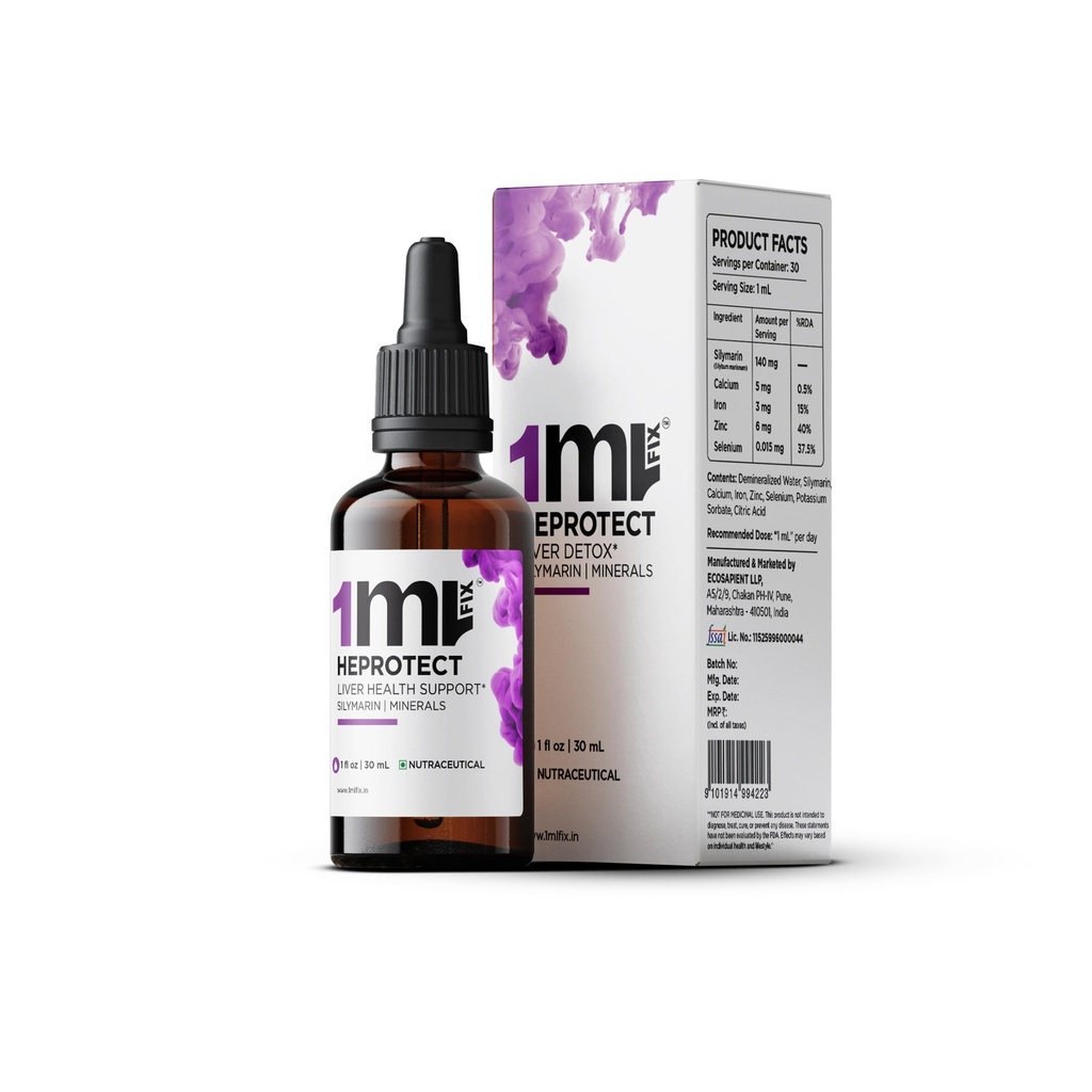 HEPROTECT: - 30ML | LIVER HEALTH Support* | Contains Silymarin from Milk Thistle, Zinc, Selenium, Iron & Calcium |1ML/Serving | 30 Servings