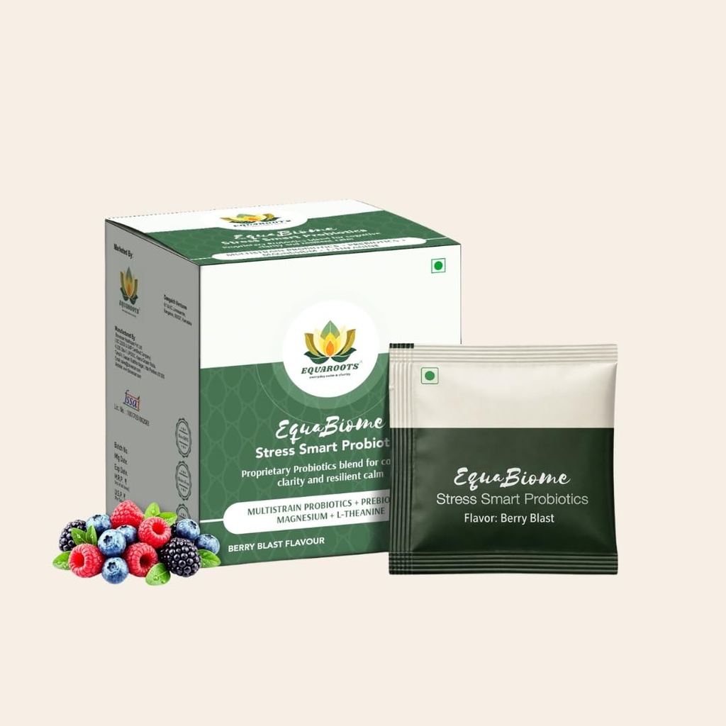 EquaBiome Stress Smart Probiotics | Gut-Brain Axis Support with 3 Billion CFU Probiotics, Magnesium Glycinate & L-Theanine | Berry Blast Flavour | 15 Sachets