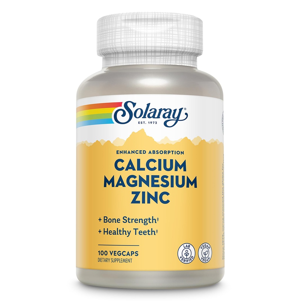 SOLARAY Calcium Magnesium Zink Supplement - met Calcium 1000mg, Magnesium 500mg - Bot Gezondheid, Spierfunctie, Hart Gezondheid en Immuun Ondersteuning - Vegan, 60 dagen garantie, 25 porties, 100 VegCaps