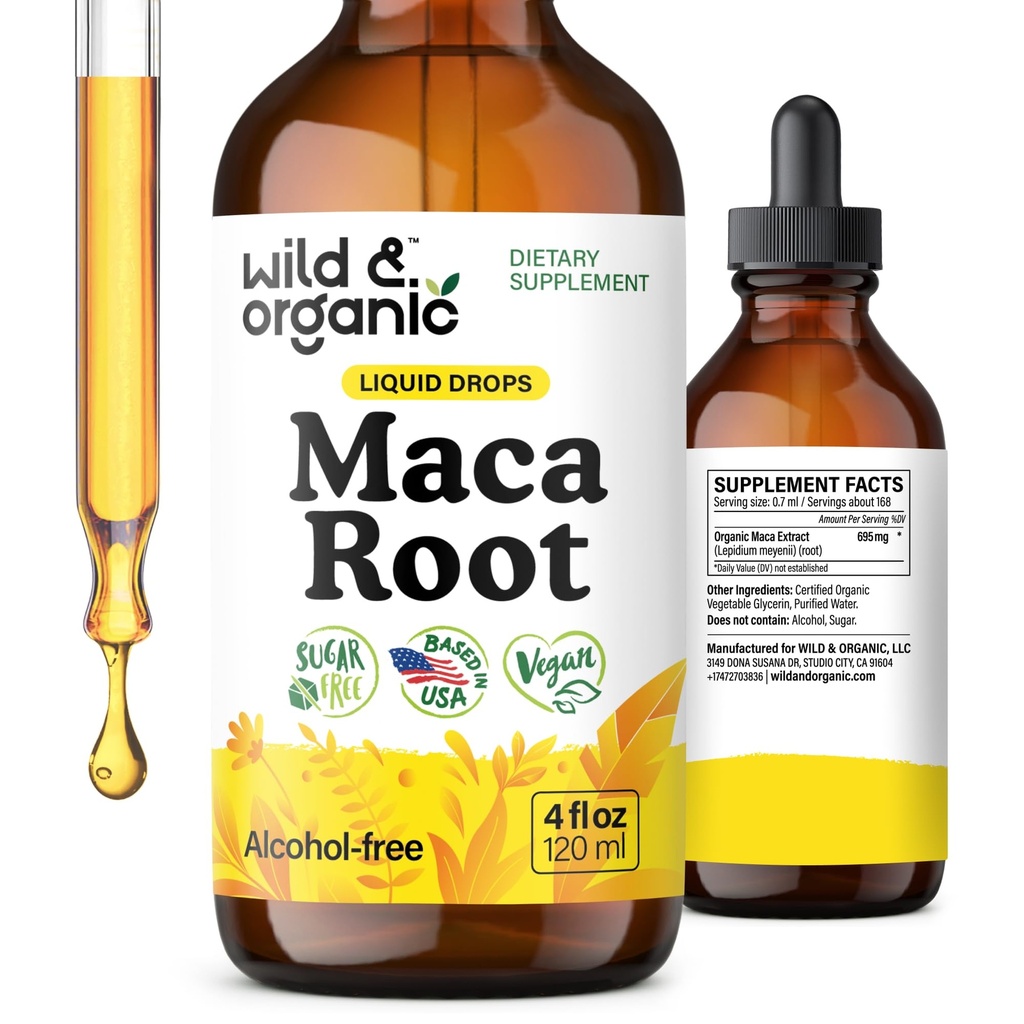 Wild & Organic Maca Root Liquid Drops for Men & Women - Peruvian Maca Tinctuur voor algemene ondersteuning - Vegan, Sugar & Alcohol-Free Supplement - 4 floz
