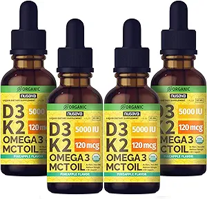 (4 verpakkingen) Biologische vitamine D3 K2 druppels met MCT olie Omega 3, maximale sterkte vitamine D vloeibaar 5000 IE, geen fillers, niet-GMO vloeibare D3 voor snellere absorptie en Immune ondersteuning (Pineapple, 4 Fl Oz)
