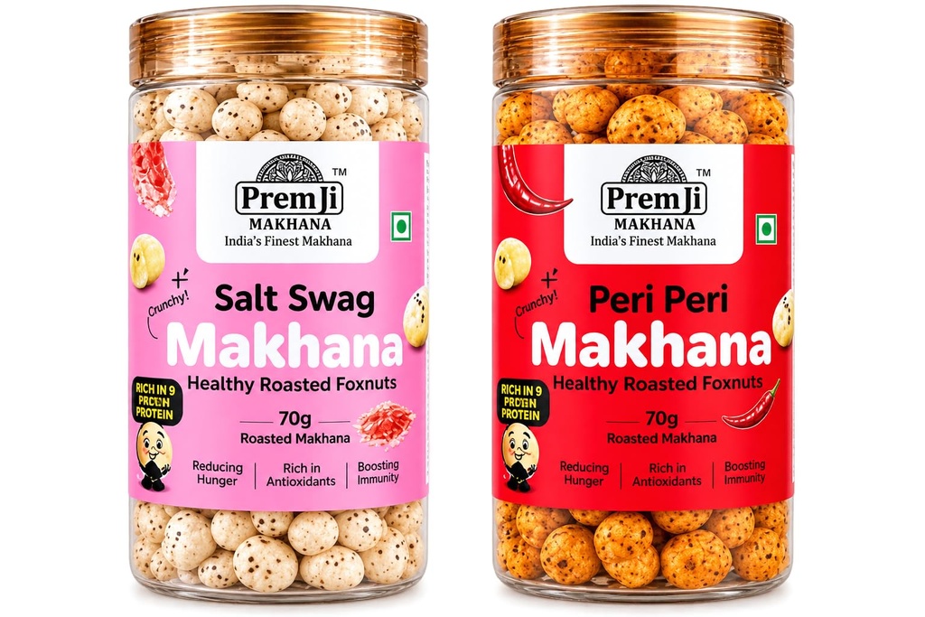 PremJi Makhana Combo Pack | Salt Swag + Peri Peri Flavoured Roasted Fox Nuts | Healthy Snack | Roasted Not Fried | High Protein & Fiber | Gluten Free & Cholesterol Free | Pack of 2 (70g Each)