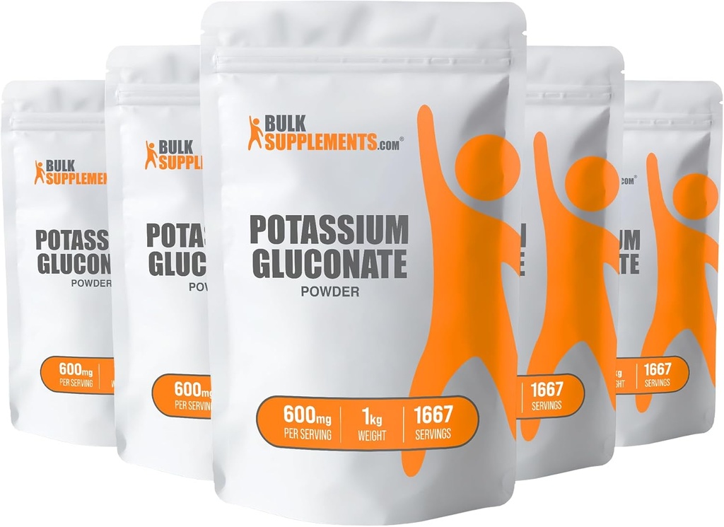BulkSupplements.com Kalium Gluconaat Poeder - Kaliumsupplement, Mineraalsupplement - Glutenvrij, 600mg per portie, 5kg (11 lbs) (verpakking van 5)