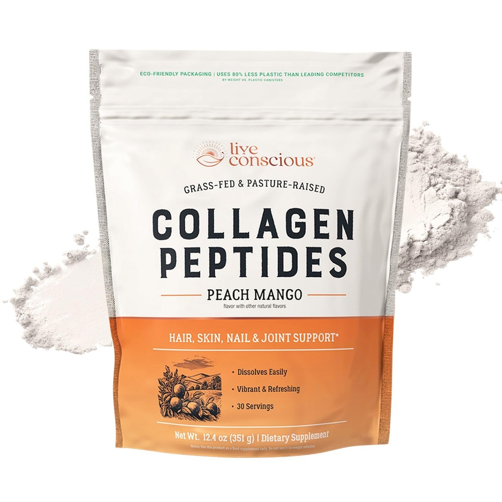Live Conscious Collageen Peptides Powder - Peach Mango Flavored Collageen Powder - Hair, Skin, Nail, & Joint Support - Type I & III Grass-Fed Collageen Supplements for Women and Men - 30 Servings - 13oz