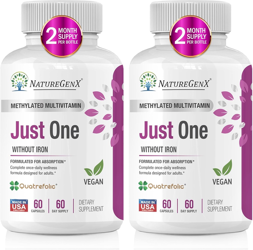Une seule fois par jour, multivitamine méthylée au méthyl B12, méthylfolate de quartz, supplément MTHFR pur pour les hommes et les femmes sans fer, 2 bouteilles (60 gélules de végétalien), fabrication américaine