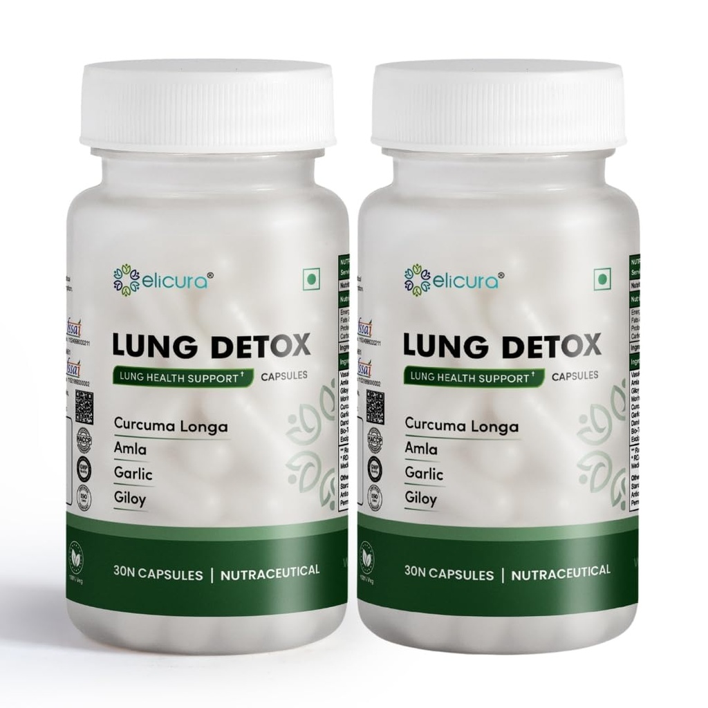 Lung Detox Supplement | Curcuma Longa, Amla, Garlic, and Giloy | Plant-based formula for Lung Health, Respiratory Support, and Detoxification | Helps Cleanse Toxins, Boost Immunity, and Improve Breathing -30 Veg Capsules