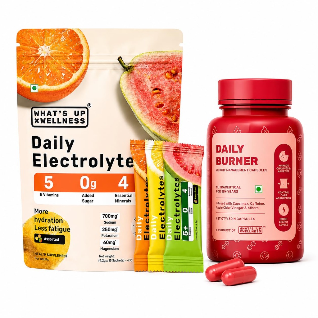 What's Up Wellness Daily Burner Capsules & Daily Electrolytes Assorted (Orange, Lime, Guava) Flavour Pack, Zero Added Sugar | Instant Hydration | L Carnitine & ACV