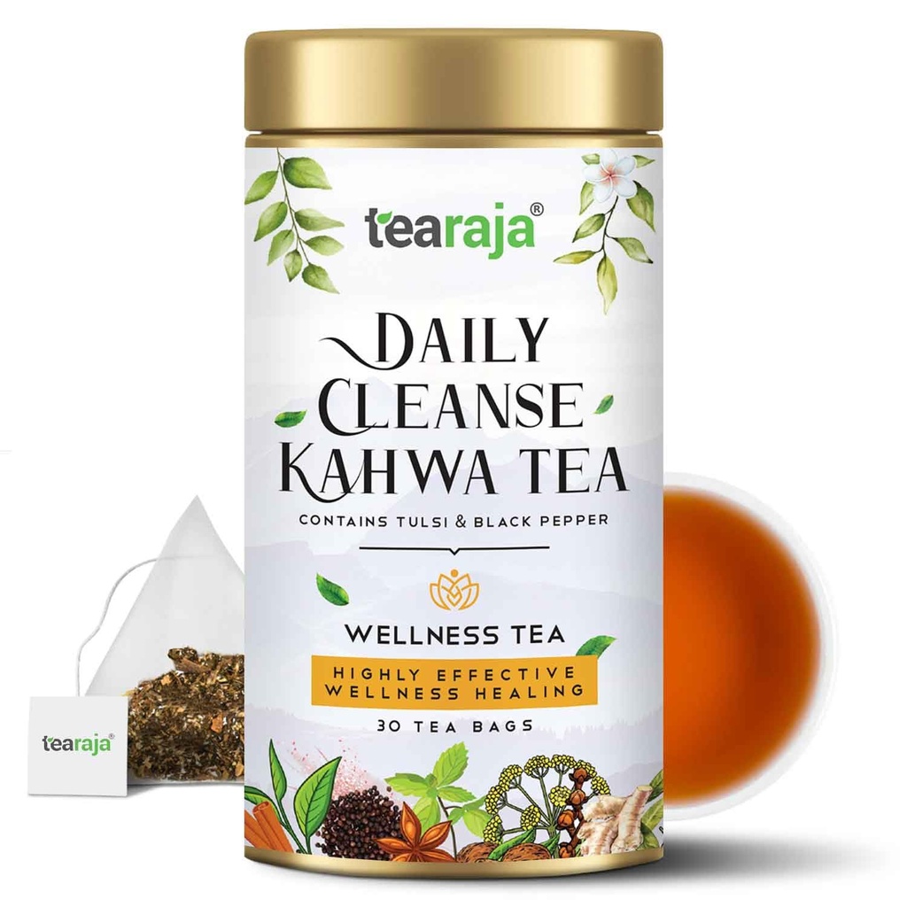 Tearaja Daily Cleanse Kahwa Tea, 30 Pyramid Tea Bags, Made with Ayurvedic Herbs & Ingredients to Boost Your Immunity