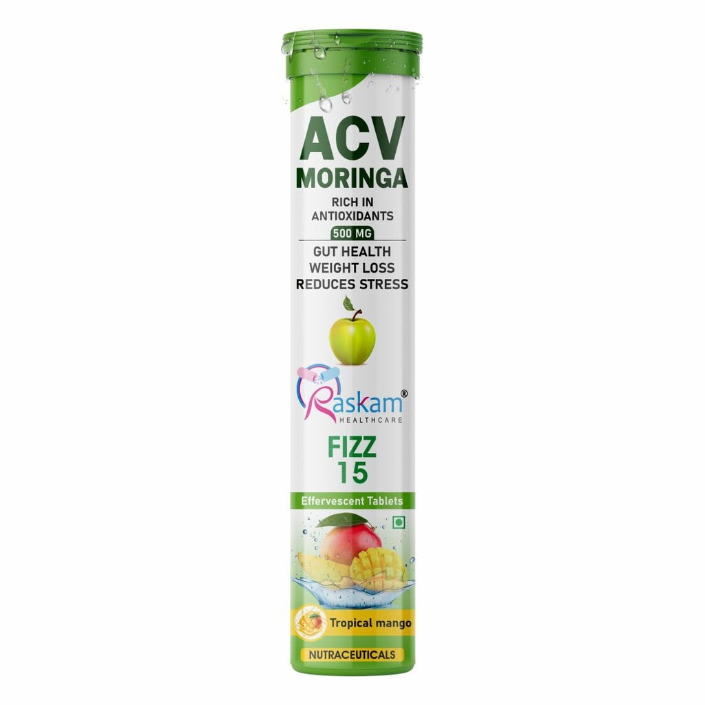 Apple Cider Vinegar (ACV) with Moringa Effervescent Tablets 500mg – Tropical Mango Flavor, No Added Sugar, Supports Appetite Control, Immunity & Natural Energy – 15 Fizz Tabs (Pack of 1)