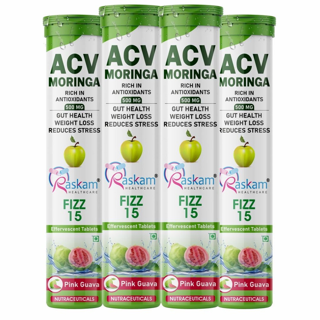 ACV Moringa Antioxidant Effervescent Tablets 500mg – Pink Guava, Immunity & Gut Health Support, No Added Sugar – 15 Tabs (Pack of 4)
