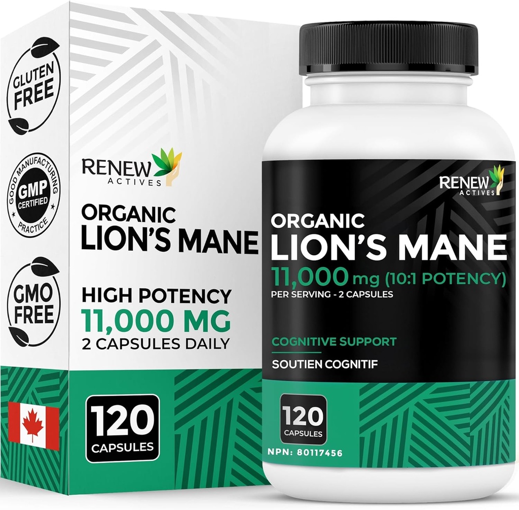 Renew Actives Premium Biologische Lion's Mane Mushroom 1100MG per 2 Capsules - Ondersteunt Hersenfunctie, Geheugen, Focus, Stress Relief & Immune Health, Non-GMO, Vegan - Made in Canada - 120 Capsules