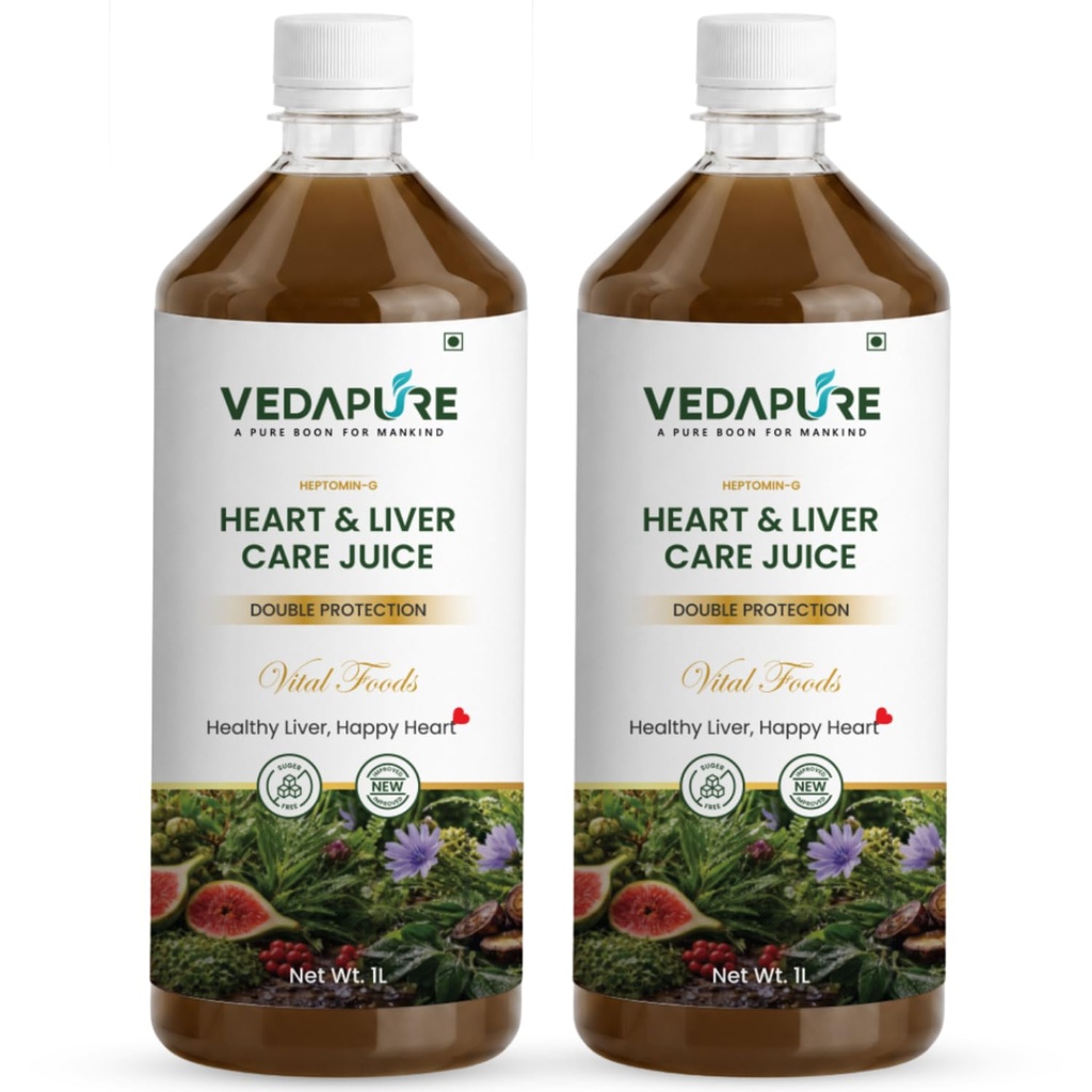 VEDAPURE Heart & Liver Care Juice 1000ml | Ayurvedic Liver Detox & Heart Health Juice | Herbal Liver Cleanse with Kasni, Revand Chini, Anjeer & Fennel | No Added Sugar | GMP Certified (Pack of 2)