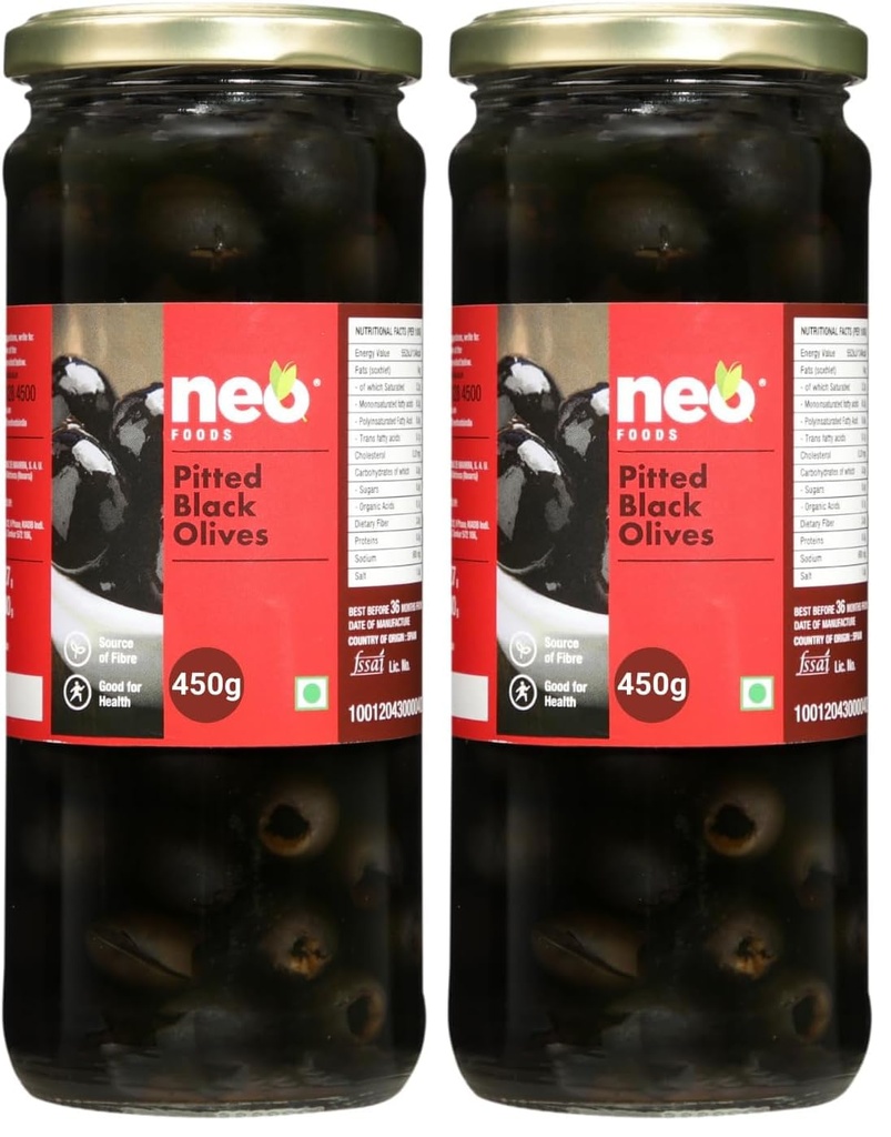 Neo Pitted Black Olives 450g l 1 Jar l Low Fat Ready-to-Eat Healthy Snack, Source of Fibre l Enjoy as Topping for Pizza & Pasta l 450g (Pack of 2)