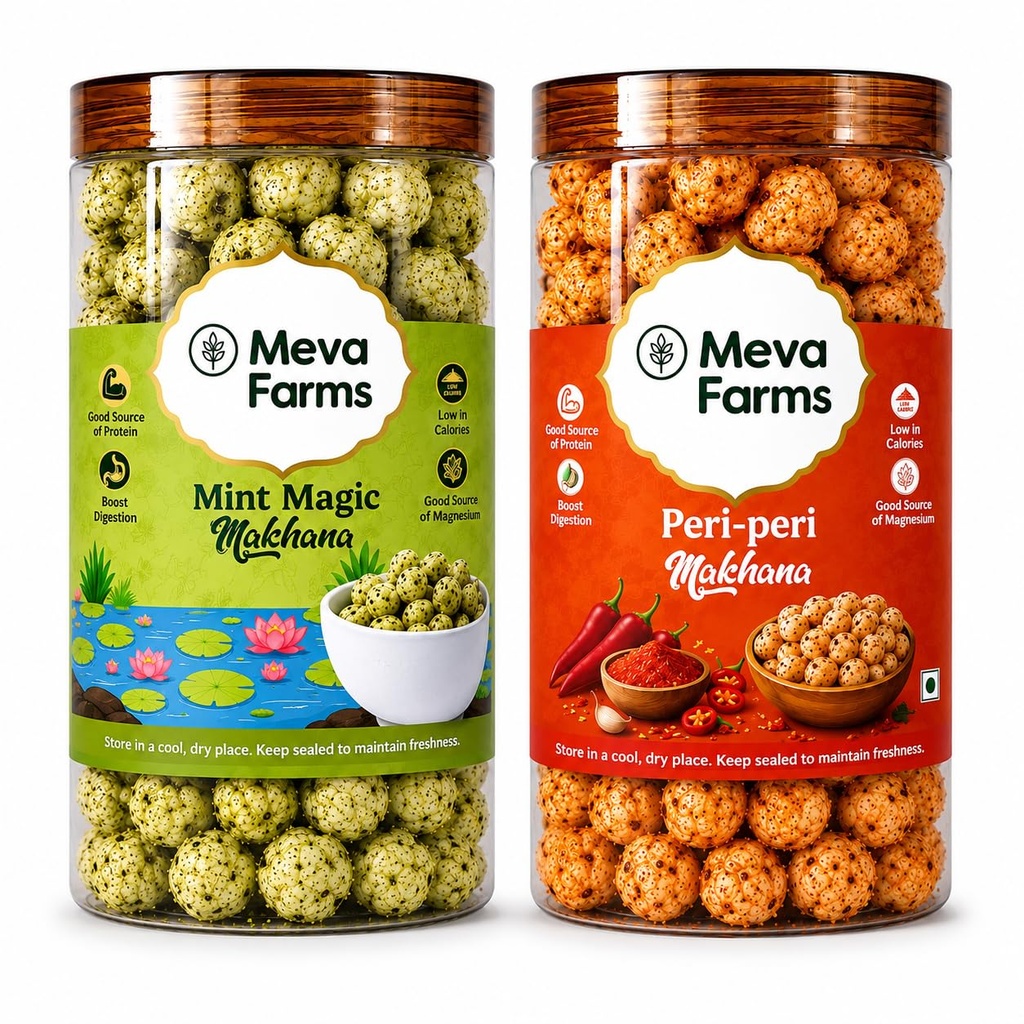 Meva Farms Mint Magic Roasted Makhana 70g & Peri Peri Roasted Makhana 70g (140g) | Combo Pack | Healthy Snack | High Protein, Low Calorie | Gluten Free | Roasted Lotus Seeds | No Palm Oil