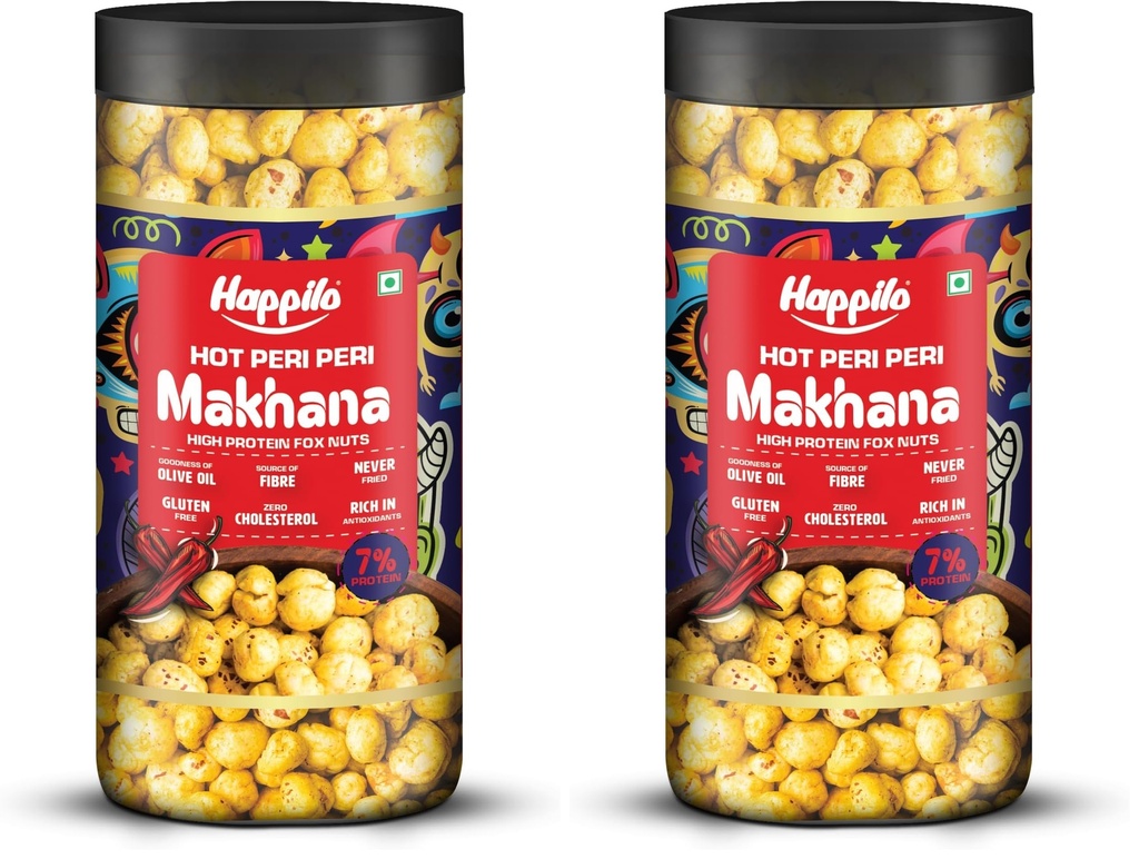 Happilo Premium Makhana Superhot Peri Peri Jar 80g | Roasted Foxnuts, Phool Makhana | Healthy Snacks | Low Calorie, Vegan & Spicy (Pack of 2)