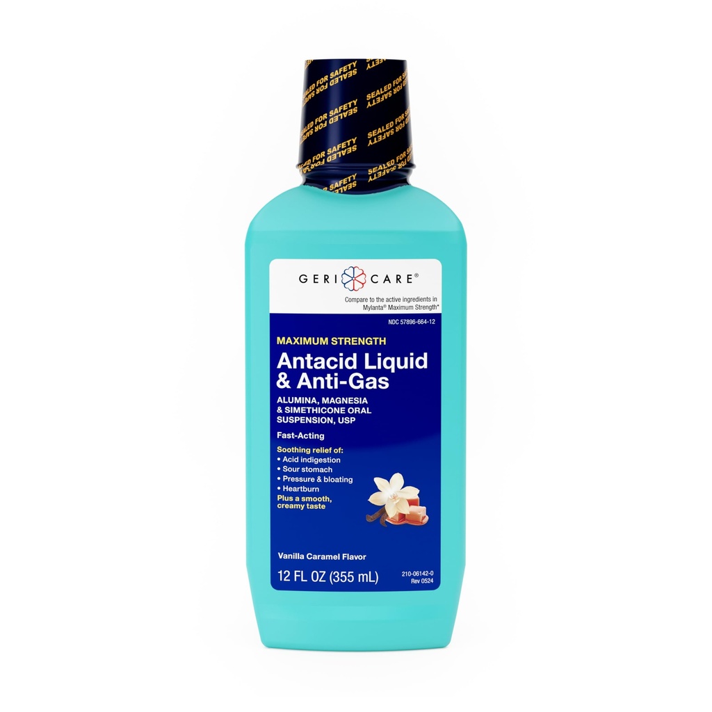 GeriCare antiacide liquide et anti-gaz, résistance maximale pour brûlures d'estomac, reflux acide, estomac acide, pression et ballonnement, indigestion acide, et gaz, Vanilla Caramel Flavor, 12 fl oz.