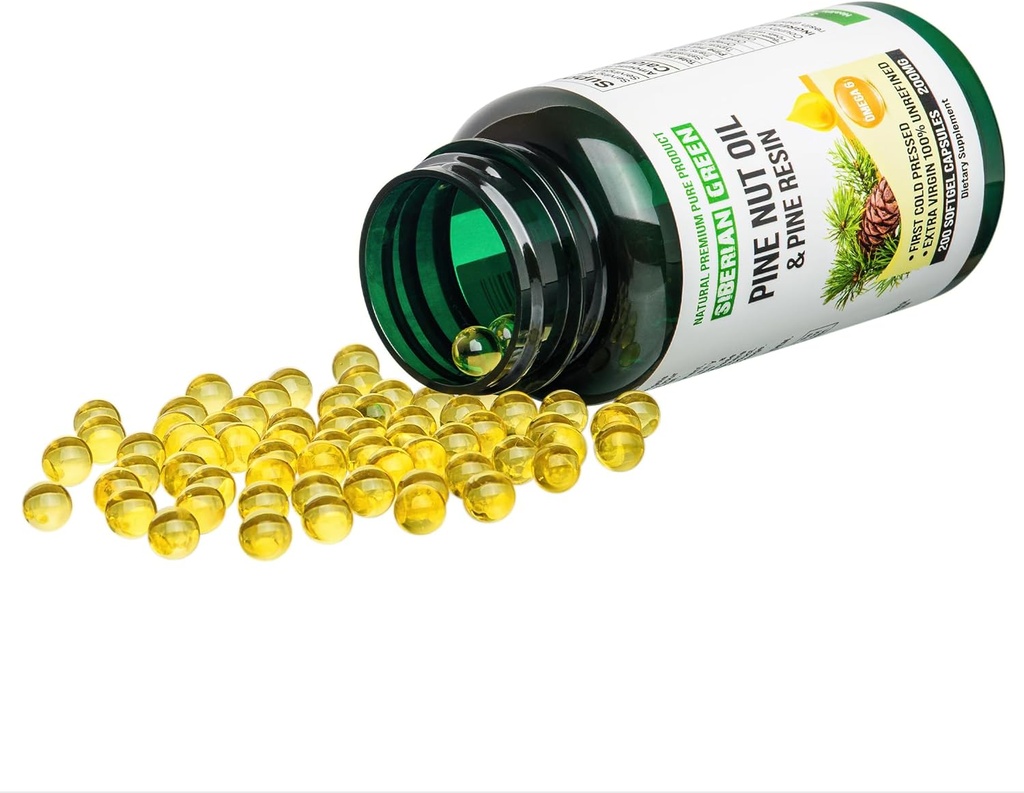 Siberische Groene Pine Nut Olie met pijnhars Capsules 200 Softgels Wild Geoogste Siberië Altai Koud Geperst Ongeraffineerd