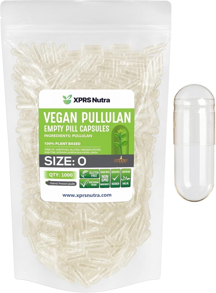 XPRS Nutra Maat 0 Pullulan Lege Capsules - 1000 Count Clean Label Plantcaps Helder Lege Vegan Capsules - Premium Vegetarische Pillen - DIY plantaardige Capsule Vullen voor Do-It-Yourself Supplementen