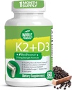 Supplément de vitamine K2 D3 avec biopérine - Calcium végétalien avec des vitamines K et D - Advanced D3K2 VIT 5000 UI - 60 Végétaliens D3 Plus K2 MK-7 Capsules nutritionnelles complexes pour la santé du coeur et des os (1