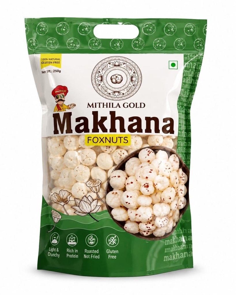 MITHILA GOLD Makhana Foxnuts, Gluten Free, Rich in Protein, 250g, Pack of 1 | Size 4+ Sutta | New
