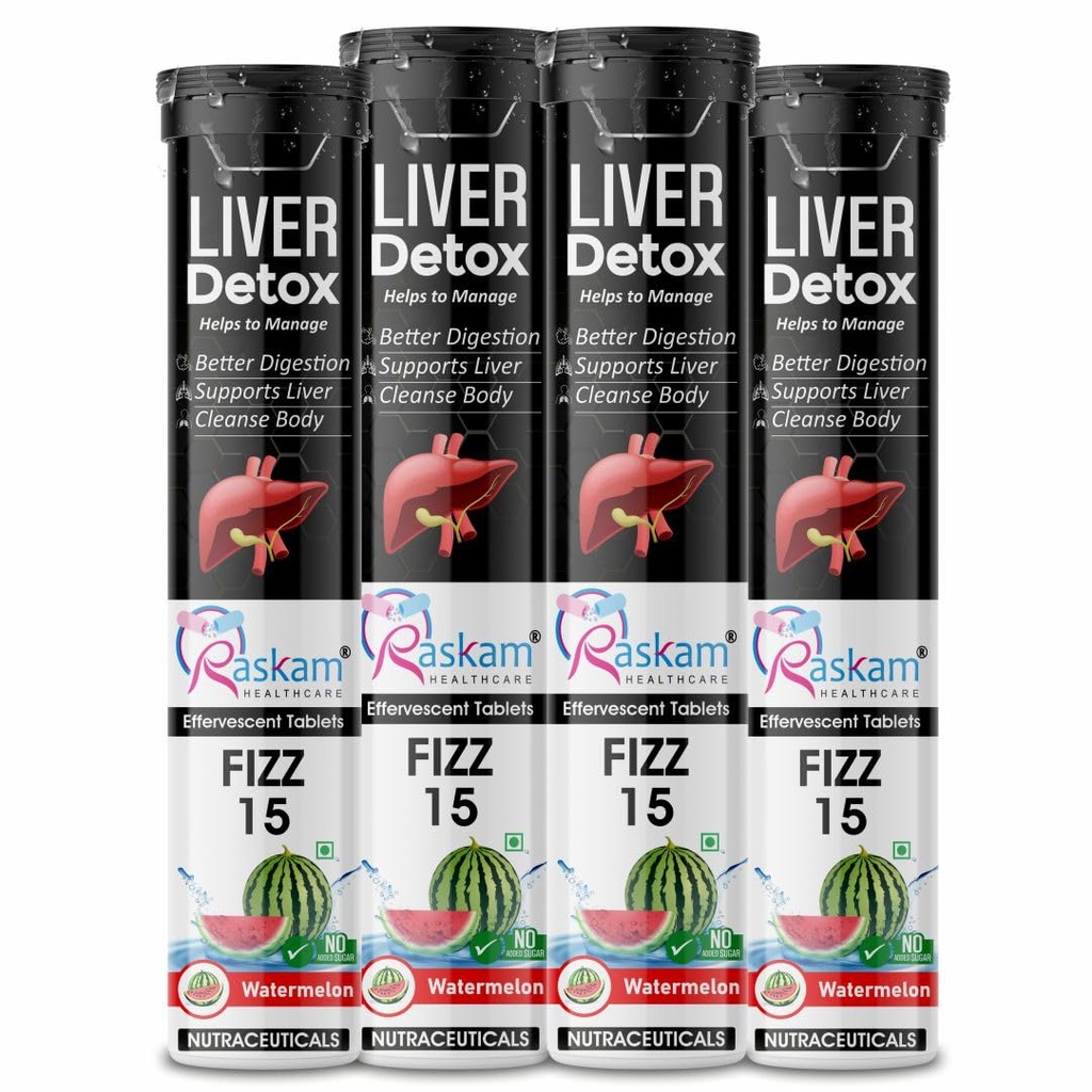 Liver Detox Effervescent – Plant-Based Detox with 9 Ayurvedic Herbs | Sugar-Free | Refreshing Watermelon Flavor | Drop, Fizz, Sip | Fizz 15 Tablets Pack of 4